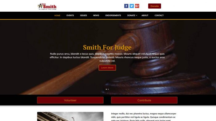 Judicial Website Template Header featuring menu and gavel photo